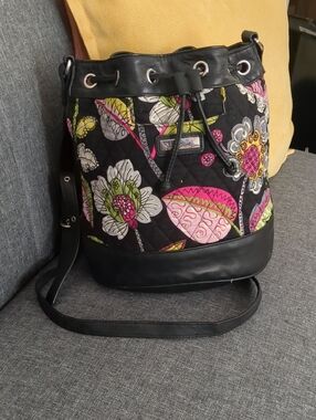 Vera Bradley Black Quilted Floral Drawstring Crossbody with Pink & Green Accents
